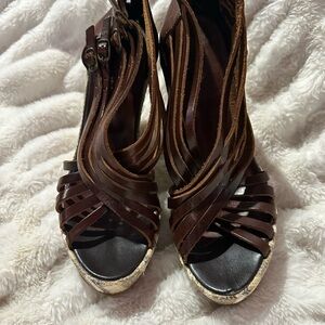 Kokka Brown Stripy wedge Women's Sandals sz 7.5/eu 38